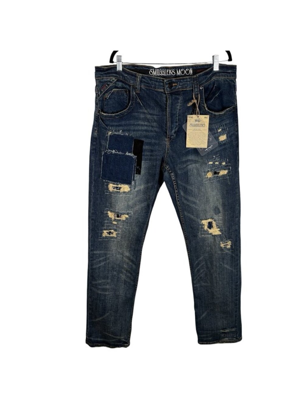 Smuggler's Moon Men 38 x 34 Blue Patch Distressed Straight Leg Denim Jeans NWT